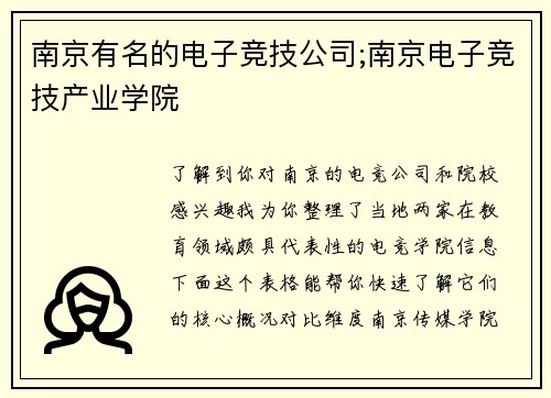 南京有名的电子竞技公司;南京电子竞技产业学院