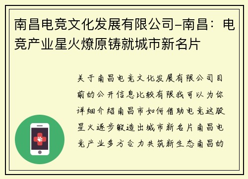 南昌电竞文化发展有限公司-南昌：电竞产业星火燎原铸就城市新名片
